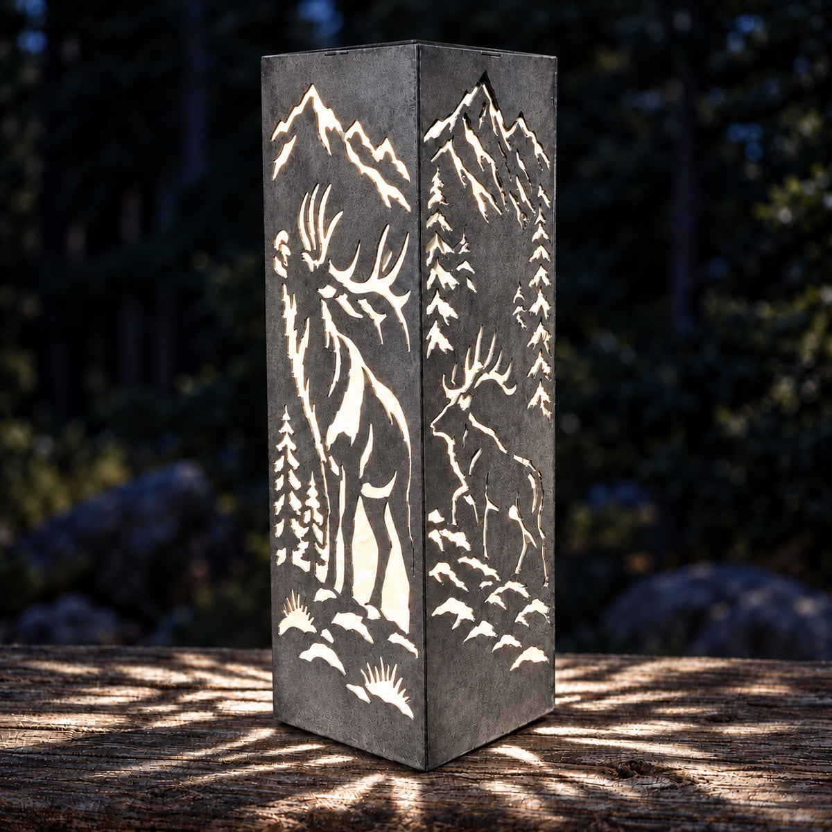 Elk Solar Tube in raw steel finish, illuminated nighttime illustrative view
