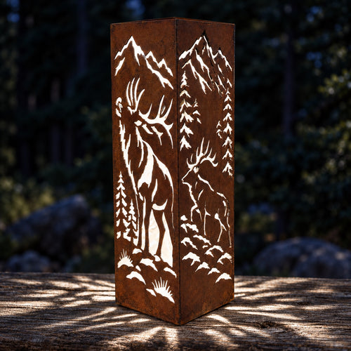 Elk Solar Tube in rust finish, illuminated nighttime illustrative view
